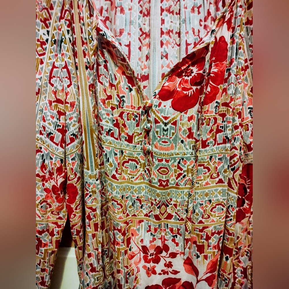 Tribal: Small Flowy Printed Crepe Blouse – Scarlet Multi - Picture 7 of 13